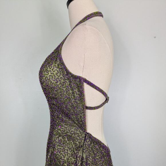 Je Matadi Prom Dress Maxi Gown 8 Purple Green Silk Bead Pageant Glam Train Y2K - Picture 10 of 16